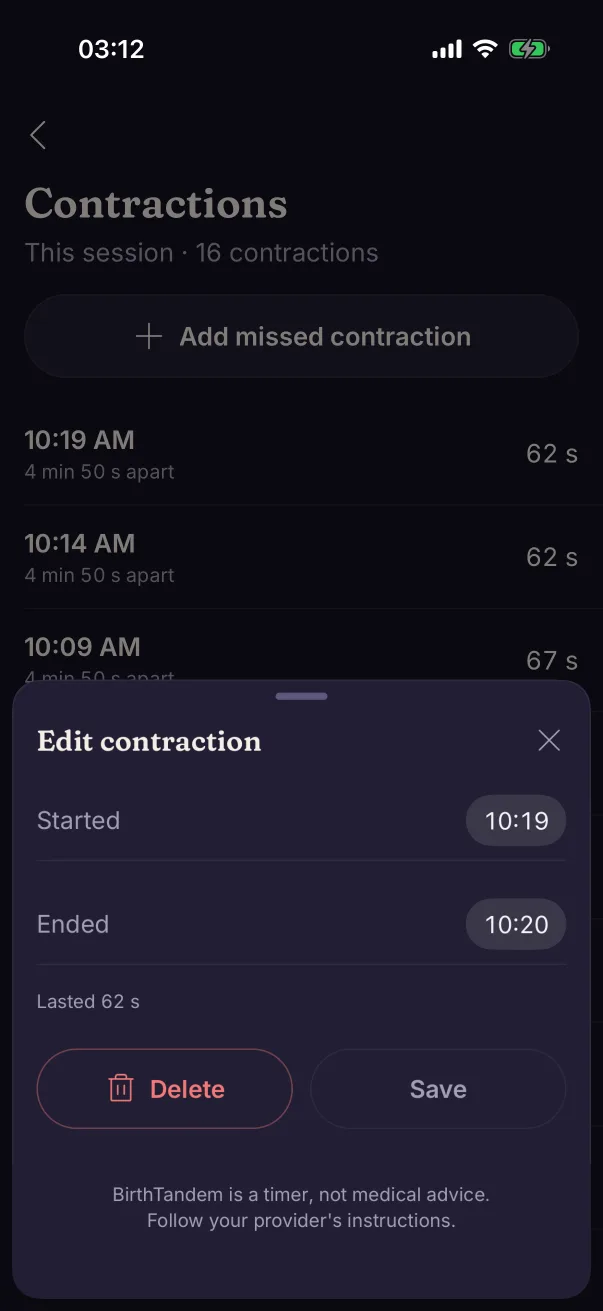 The Edit contraction sheet over the list of contractions: started 10:19, ended 10:20, lasted 62&nbsp;s, with Delete and Save
