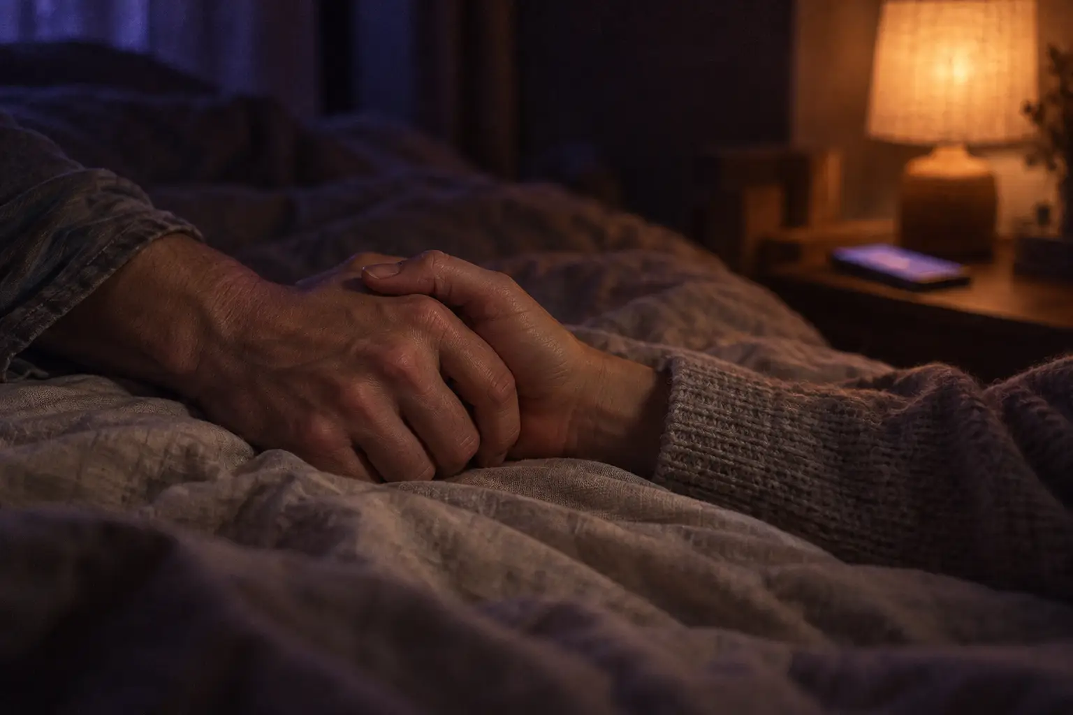 Two hands holding on a rumpled bed at night. A lamp glows on the bedside table, next to a phone.