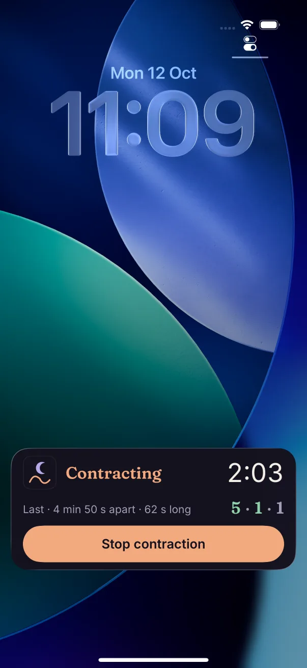 An iPhone Lock Screen with BirthTandem's Live Activity: Contracting, 2:03, last 4&nbsp;min&nbsp;50&nbsp;s apart and 62&nbsp;s long, the 5-1-1 marks, and a Stop contraction button
